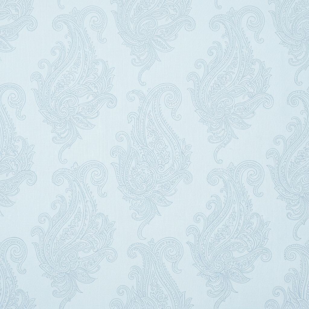 Light blue fabric with repeating detailed paisley pattern